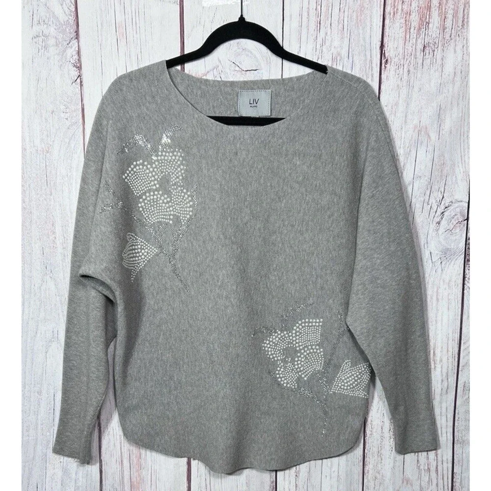 LIV Milano Women’s Knit Sweater Top Long Dolman Sleeve Beaded Gray Size M